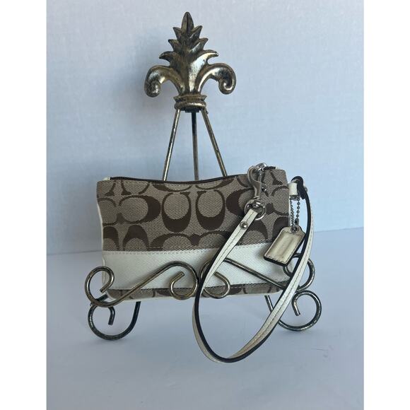 Coach Brown Signature/Ivory Cream Stripe Wristlet Wallet - Picture 1 of 6